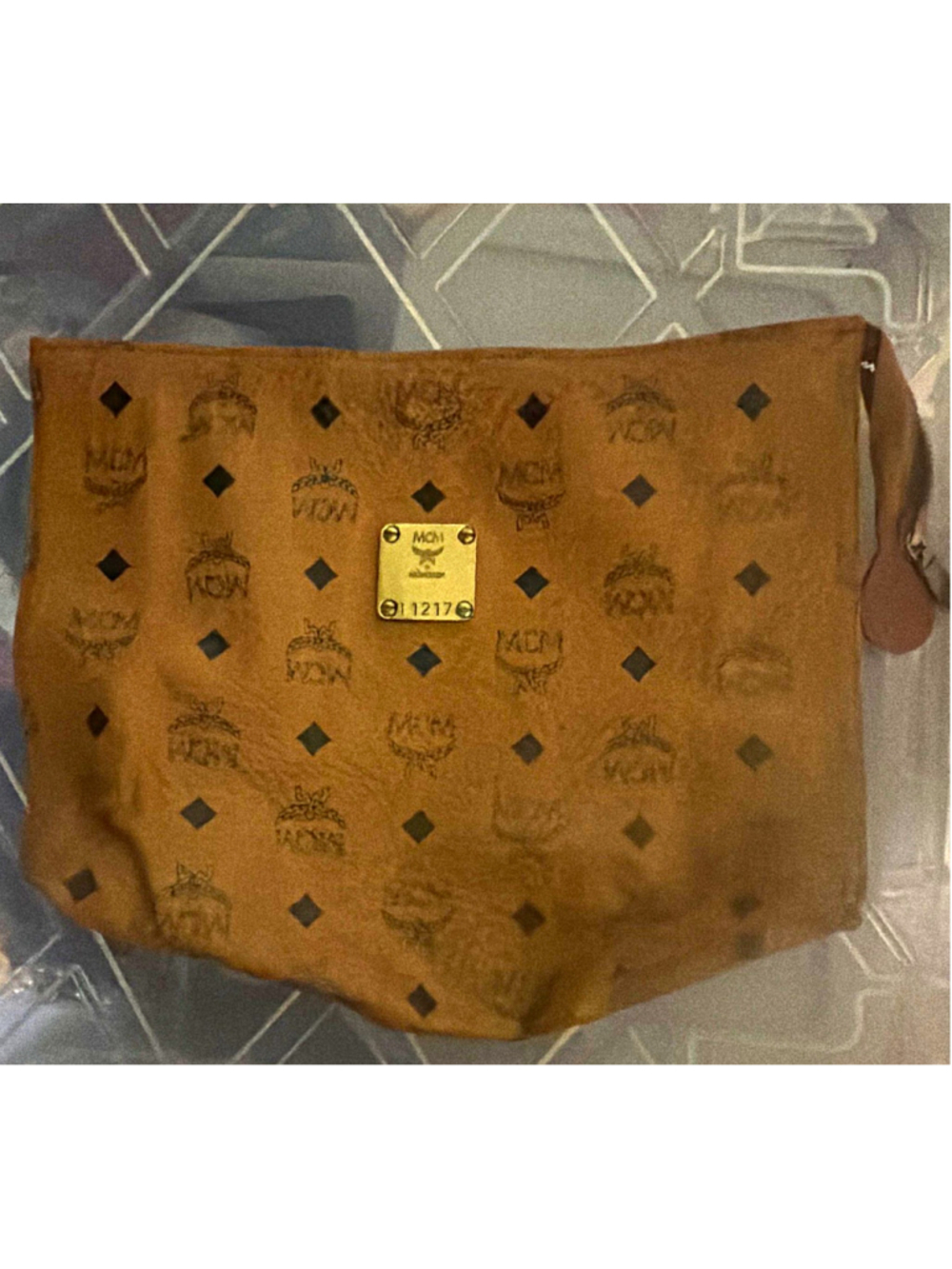 MCM Visetos Logo Brown Zip Wristlet Pouch w/ Wrist Strap Gold Hardware